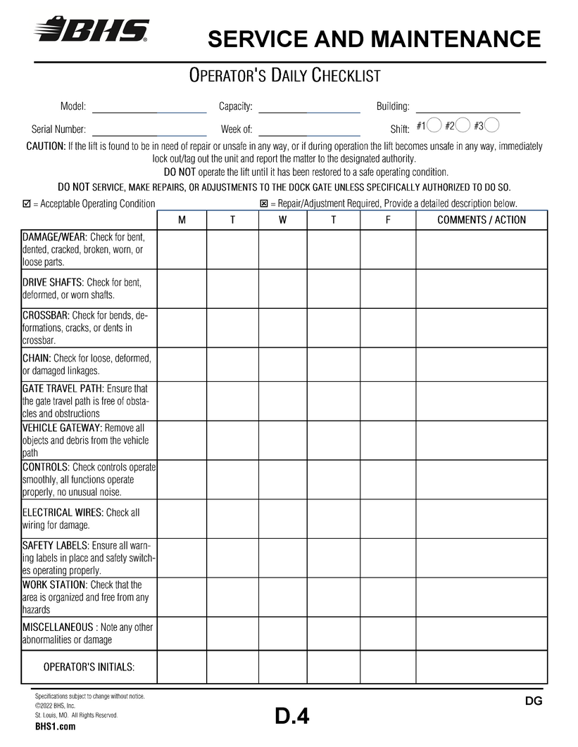 PDG Operator Daily Checklist
