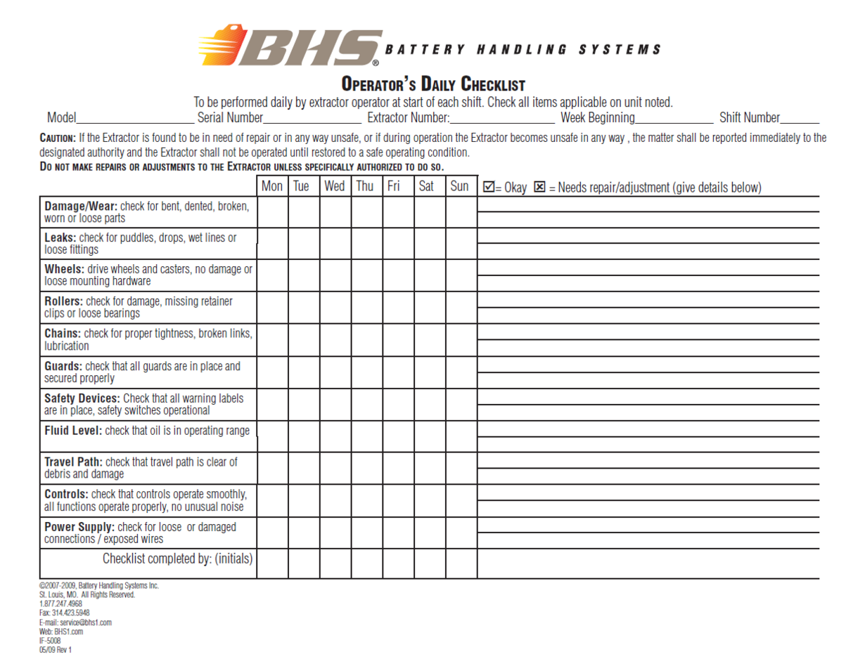 BE-SL & BE-DS Operator's Daily Checklist
