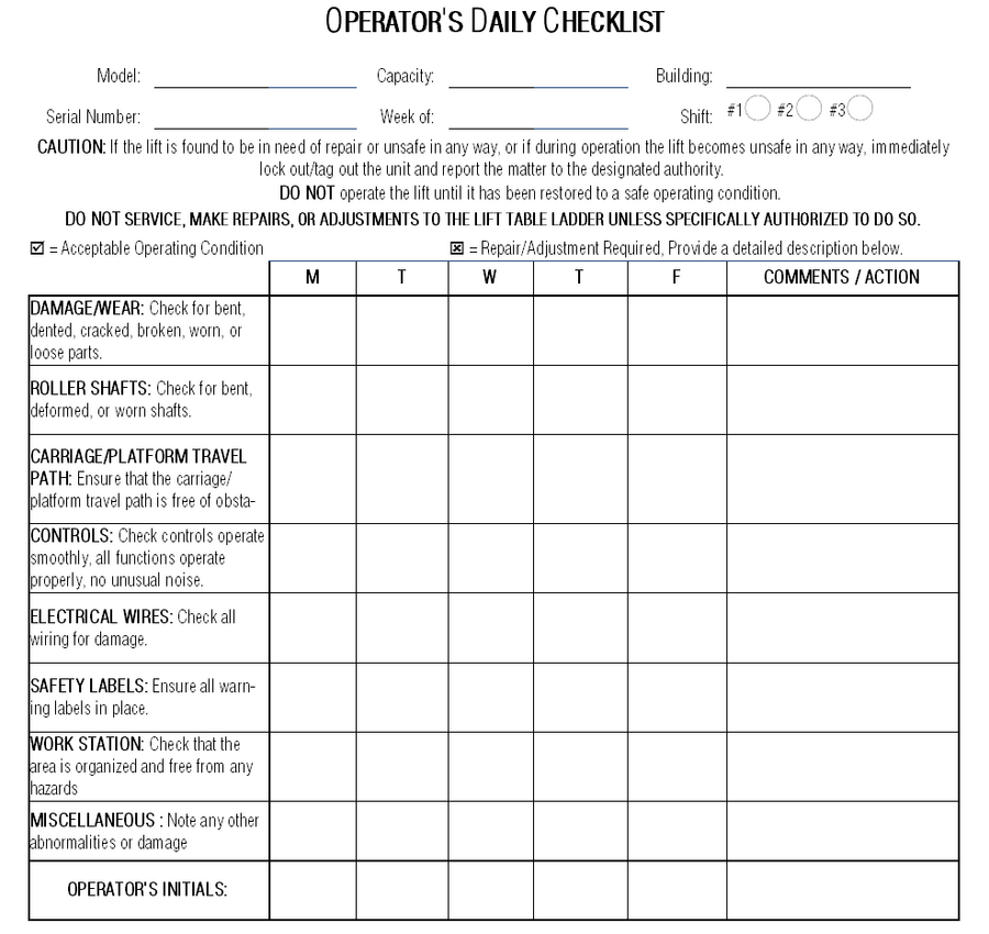 Lift Table Ladder Operator's Daily Checklist